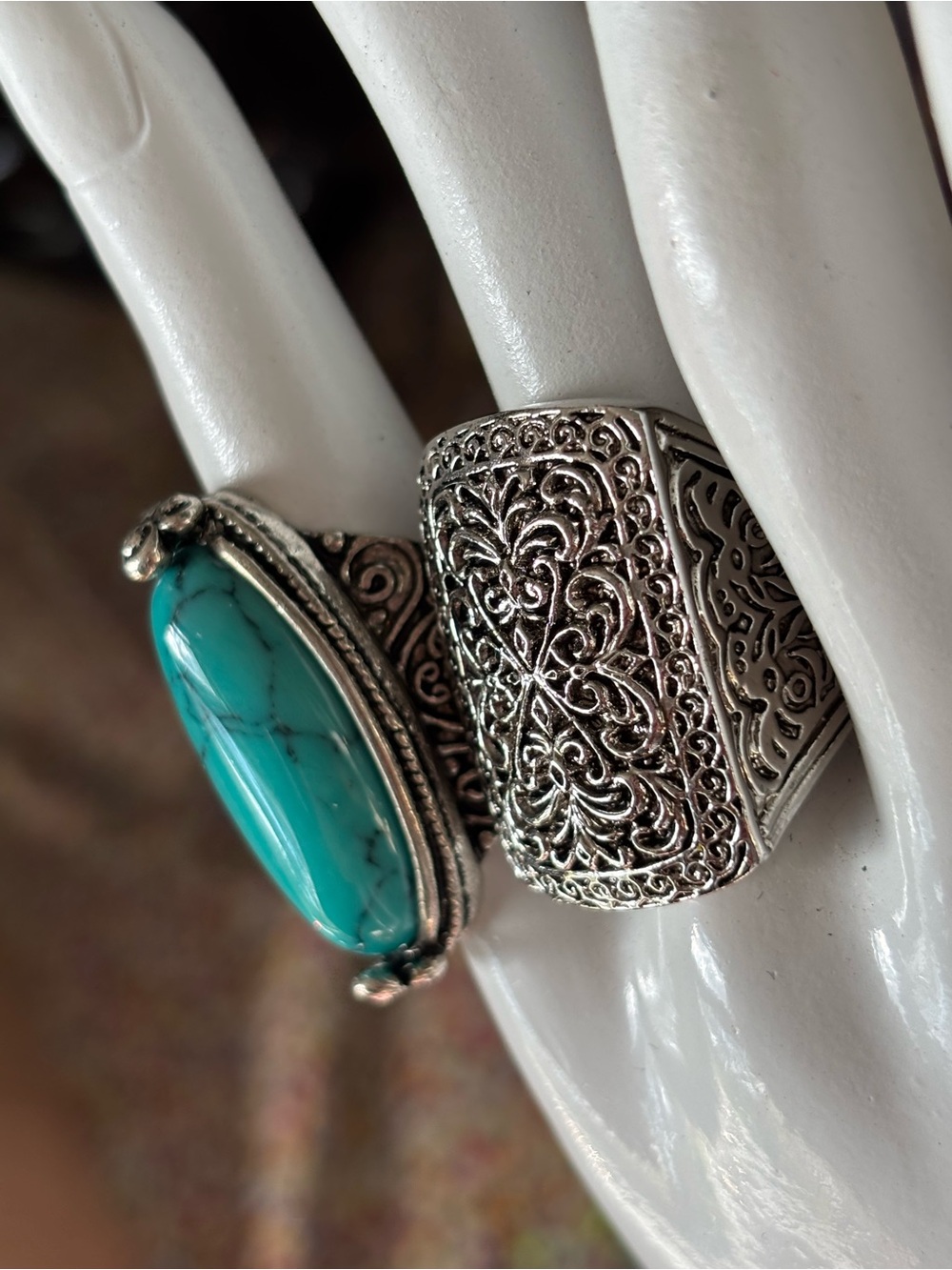 Boho Turquoise Silver Rings Set, large stainless steel women’s rings, costume